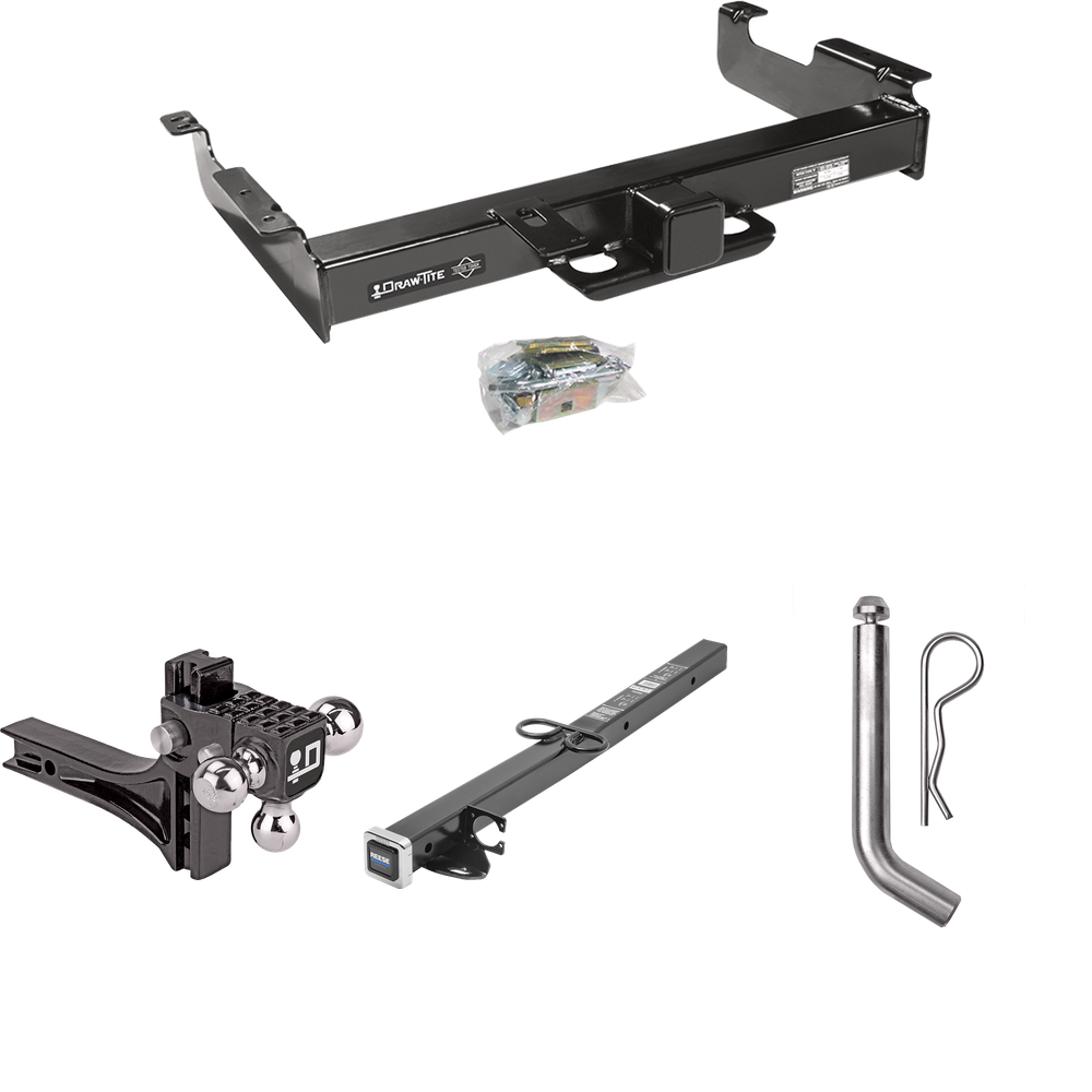 Fits 1996-2023 GMC Savana 2500 Trailer Hitch Tow PKG w/ 2-1/2" to 2" Adapter 24" Length + Adjustable Drop Rise Triple Ball Ball Mount 1-7/8" & 2" & 2-5/16" Trailer Balls + Pin/Clip By Draw-Tite