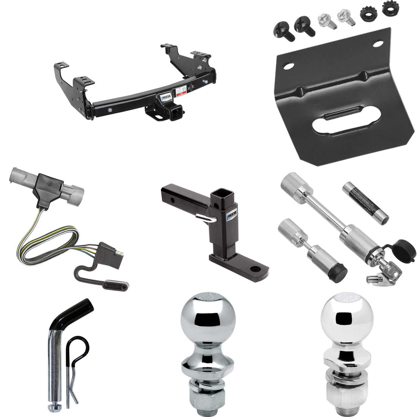 Fits 1987-1996 Ford F-350 Trailer Hitch Tow PKG w/ 4-Flat Wiring Harness + Adjustable Drop Rise Ball Mount + Pin/Clip + 2" Ball + 1-7/8" Ball + Dual Hitch & Coupler Locks By Reese Towpower