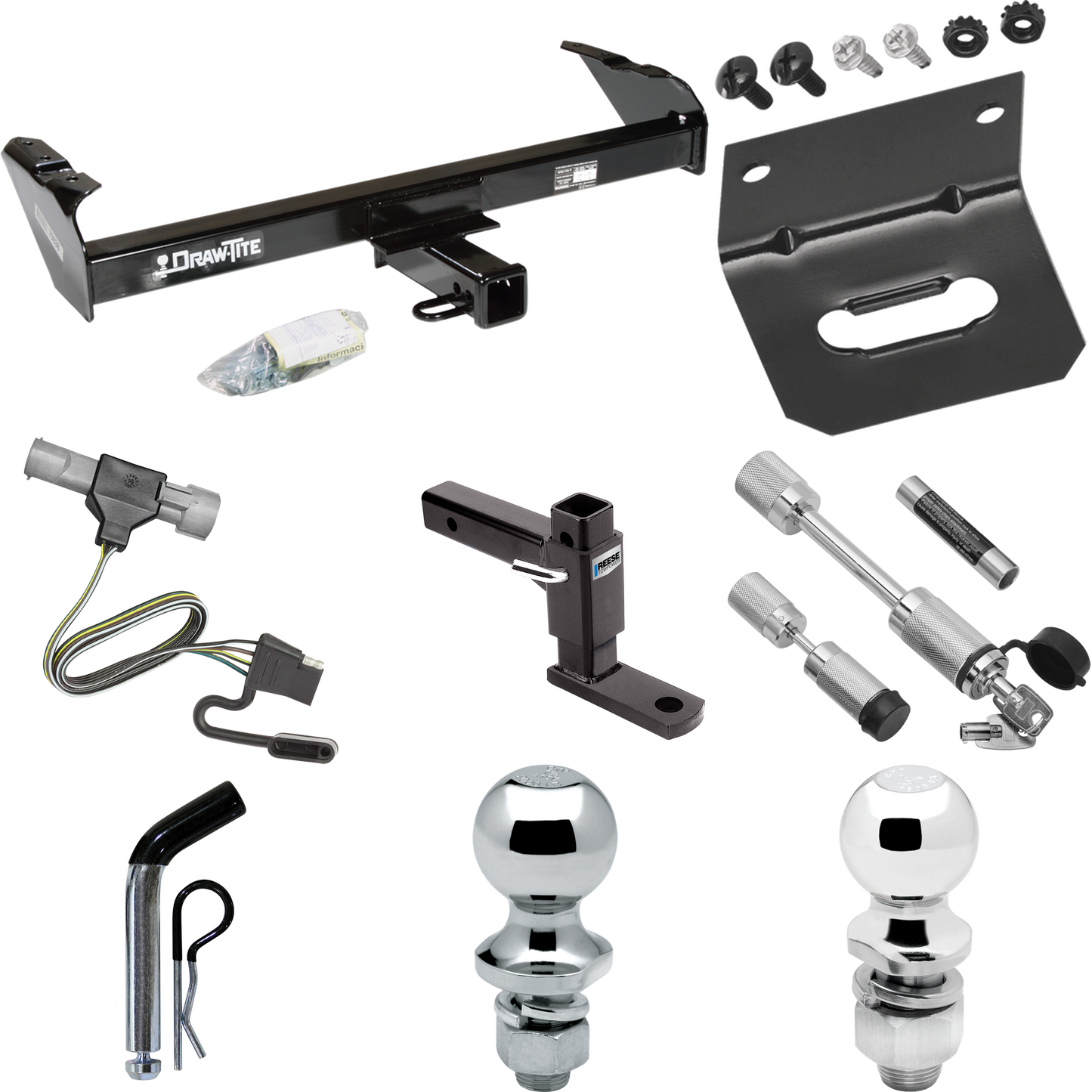 Fits 1987-1996 Ford F-150 Trailer Hitch Tow PKG w/ 4-Flat Wiring Harness + Adjustable Drop Rise Ball Mount + Pin/Clip + 2" Ball + 1-7/8" Ball + Dual Hitch & Coupler Locks By Draw-Tite