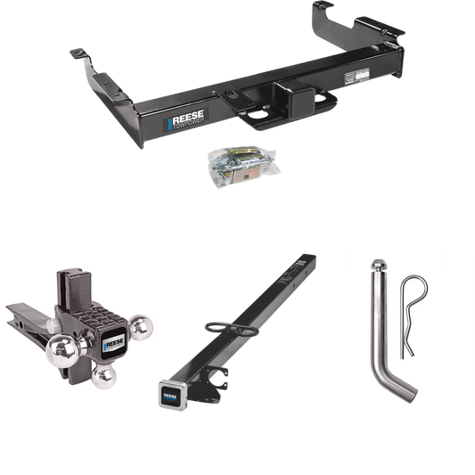 Fits 1996-2023 Chevrolet Express 3500 Trailer Hitch Tow PKG w/ 2-1/2" to 2" Adapter 41" Length + Adjustable Drop Rise Triple Ball Ball Mount 1-7/8" & 2" & 2-5/16" Trailer Balls + Pin/Clip By Reese Towpower