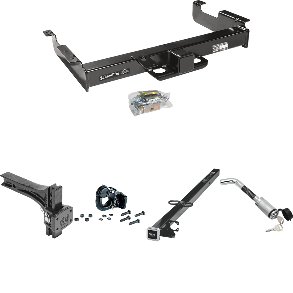 Fits 1996-2023 Chevrolet Express 2500 Trailer Hitch Tow PKG w/ 2-1/2" to 2" Adapter 41" Length + Adjustable Pintle Hook Mounting Plate + 20K Pintle Hook + Hitch Lock By Draw-Tite