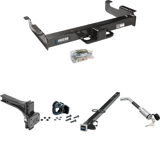 Fits 1996-2023 Chevrolet Express 2500 Trailer Hitch Tow PKG w/ 2-1/2" to 2" Adapter 41" Length + Adjustable Pintle Hook Mounting Plate + 20K Pintle Hook + Hitch Lock By Reese Towpower