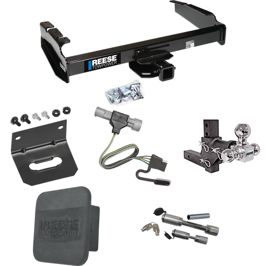 Fits 1987-1996 Ford F-150 Trailer Hitch Tow PKG w/ 4-Flat Wiring Harness + Adjustable Drop Rise Triple Ball Ball Mount 1-7/8" & 2" & 2-5/16" Trailer Balls + Dual Hitch & Coupler Locks + Hitch Cover + Wiring Bracket By Reese Towpower