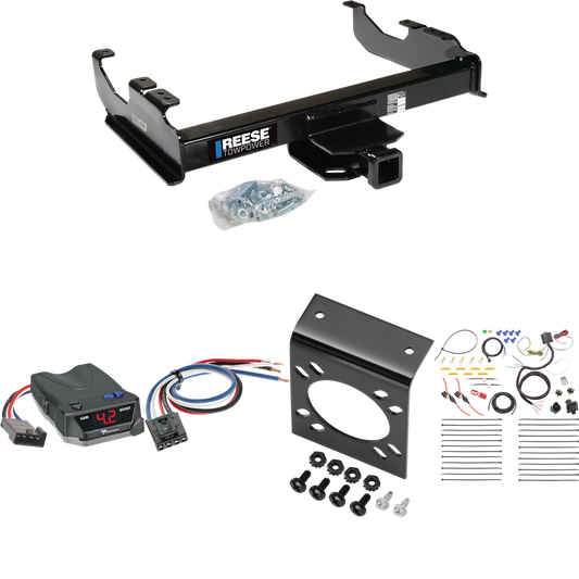 Fits 2007-2014 Chevrolet Silverado 3500 HD Trailer Hitch Tow PKG w/ Tekonsha BRAKE-EVN Brake Control + Generic BC Wiring Adapter + 7-Way RV Wiring (For Cab & Chassis, w/34" Wide Frames Models) By Reese Towpower