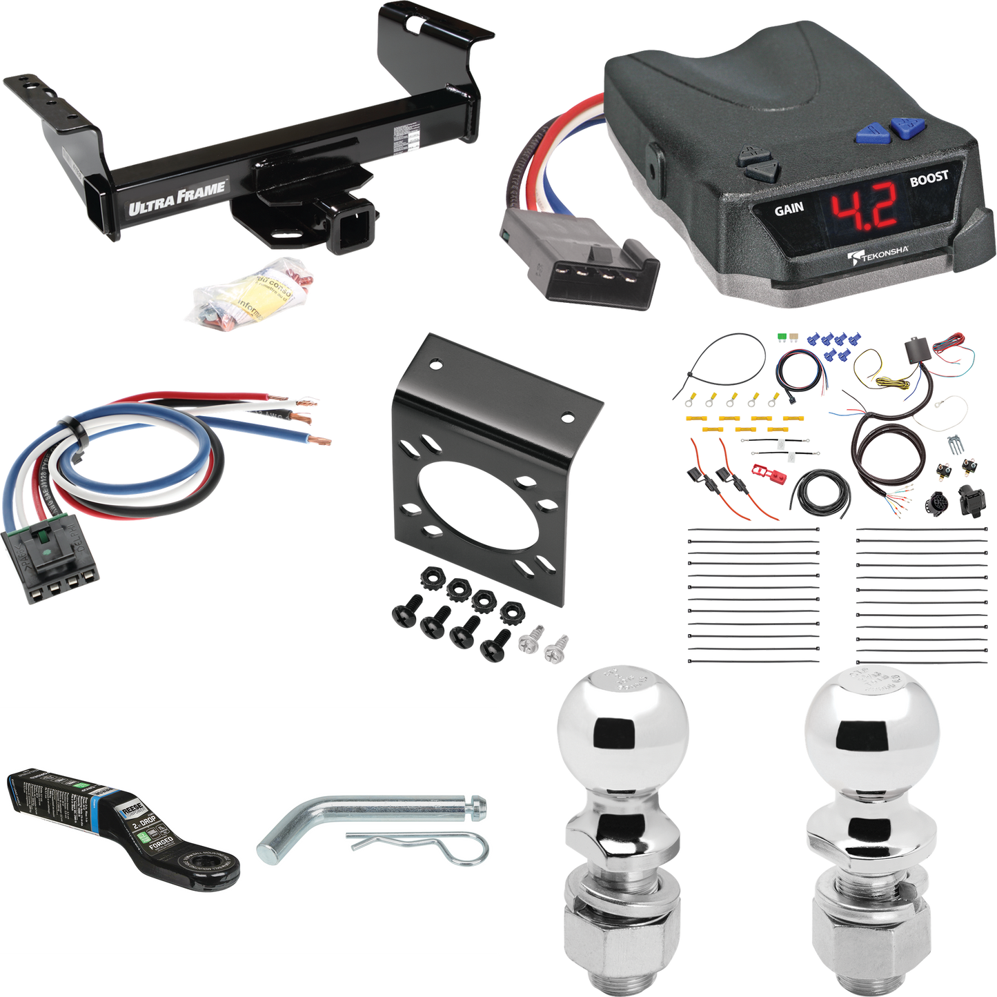 Fits 2007-2014 GMC Sierra 3500 HD Trailer Hitch Tow PKG w/ Tekonsha BRAKE-EVN Brake Control + Generic BC Wiring Adapter + 7-Way RV Wiring + 2" & 2-5/16" Ball & Drop Mount (For Cab & Chassis, w/34" Wide Frames Models) By Draw-Tite