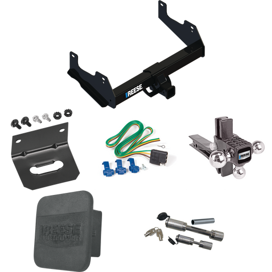 Fits 2015-2023 Ford F-150 Trailer Hitch Tow PKG w/ 4-Flat Wiring Harness + Adjustable Drop Rise Triple Ball Ball Mount 1-7/8" & 2" & 2-5/16" Trailer Balls + Dual Hitch & Coupler Locks + Hitch Cover + Wiring Bracket By Reese Towpower