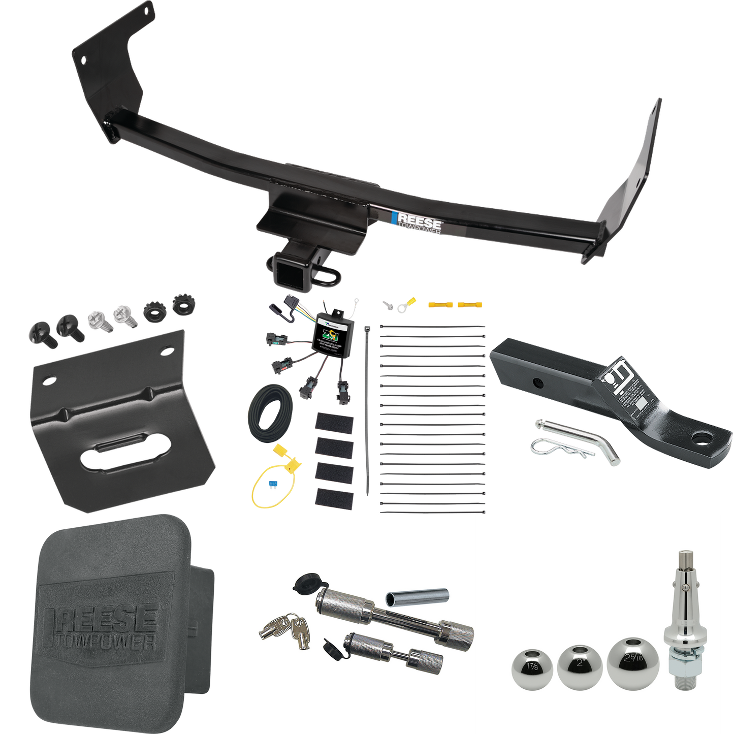 Fits 2021-2023 Lexus NX350h Trailer Hitch Tow PKG w/ 4-Flat Zero Contact "No Splice" Wiring + Ball Mount w/ 2" Drop + Interchangeable Ball 1-7/8" & 2" & 2-5/16" + Wiring Bracket + Dual Hitch & Coupler Locks + Hitch Cover By Reese Towpower