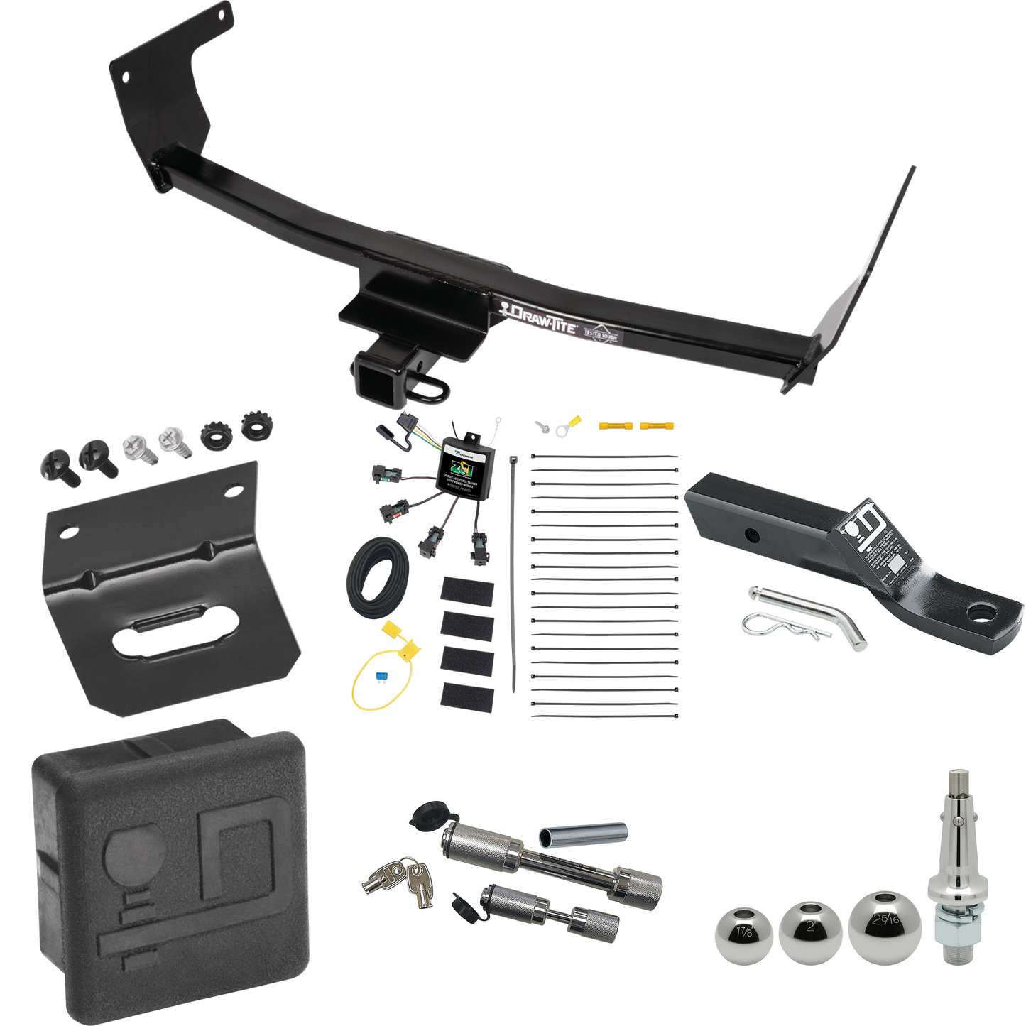 Fits 2021-2023 Lexus NX250 Trailer Hitch Tow PKG w/ 4-Flat Zero Contact "No Splice" Wiring + Ball Mount w/ 2" Drop + Interchangeable Ball 1-7/8" & 2" & 2-5/16" + Wiring Bracket + Dual Hitch & Coupler Locks + Hitch Cover By Draw-Tite