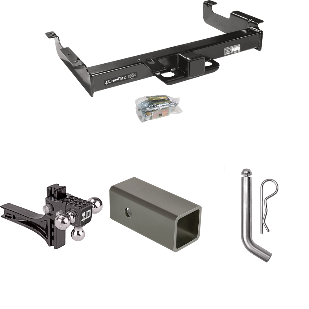 Fits 1996-2023 Chevrolet Express 3500 Trailer Hitch Tow PKG w/ 2-1/2" to 2" Adapter 6" Length + Adjustable Drop Rise Triple Ball Ball Mount 1-7/8" & 2" & 2-5/16" Trailer Balls + Pin/Clip By Draw-Tite