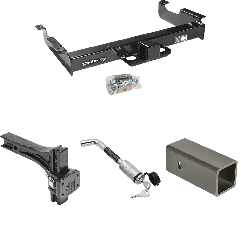 Fits 1996-2023 Chevrolet Express 3500 Trailer Hitch Tow PKG w/ 2-1/2" to 2" Adapter 6" Length + Adjustable Pintle Hook Mounting Plate + Hitch Lock By Draw-Tite