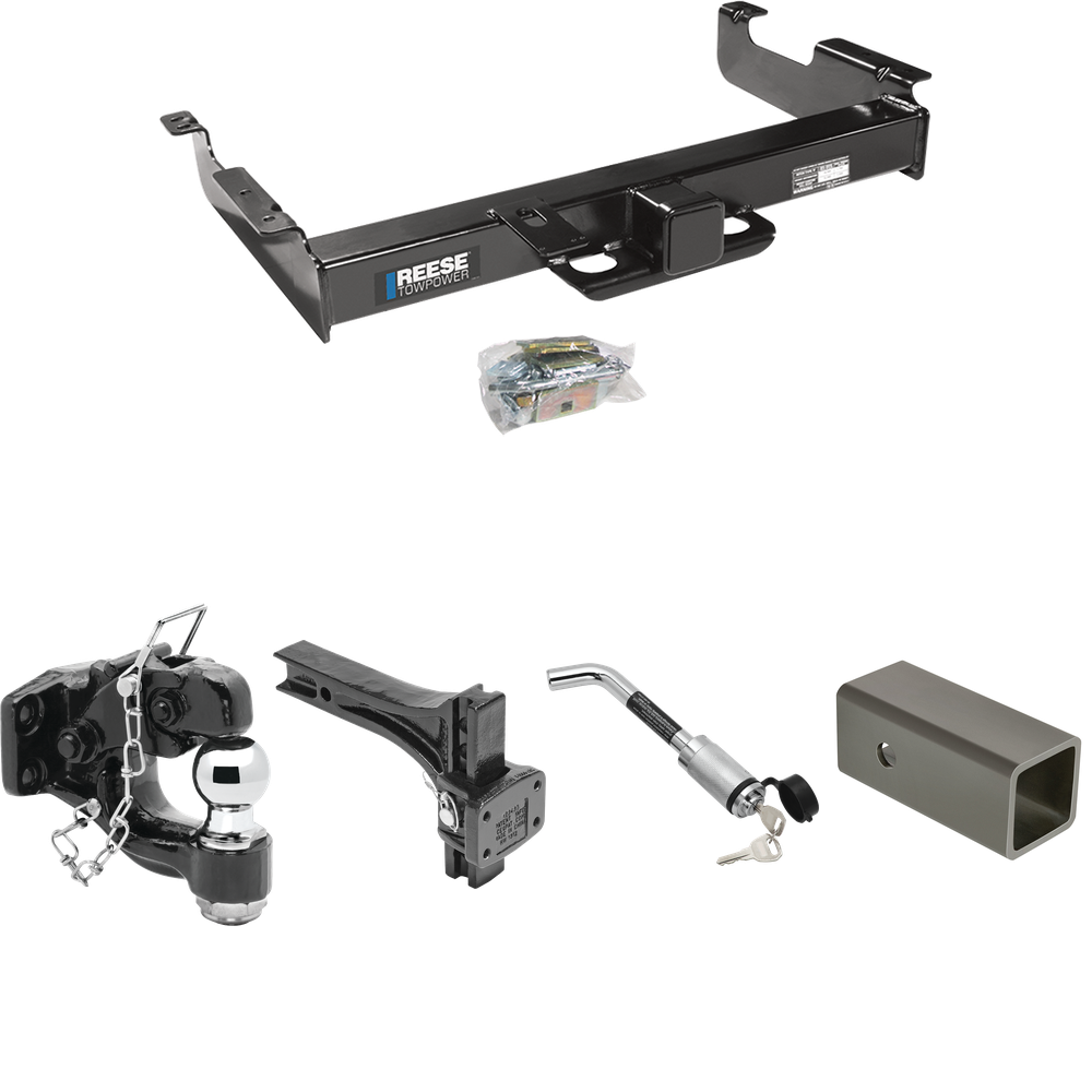 Fits 1996-2023 Chevrolet Express 2500 Trailer Hitch Tow PKG w/ 2-1/2" to 2" Adapter 6" Length + Adjustable Pintle Hook Mounting Plate + Pintle Hook & 2" Ball Combination + Hitch Lock By Reese Towpower