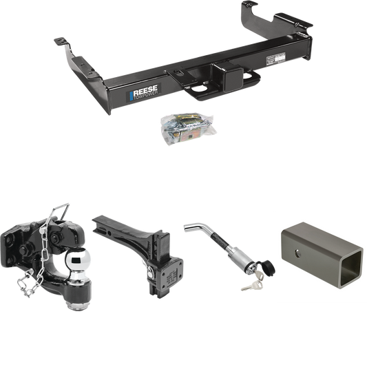 Fits 1996-2023 Chevrolet Express 2500 Trailer Hitch Tow PKG w/ 2-1/2" to 2" Adapter 6" Length + Adjustable Pintle Hook Mounting Plate + Pintle Hook & 2" Ball Combination + Hitch Lock By Reese Towpower