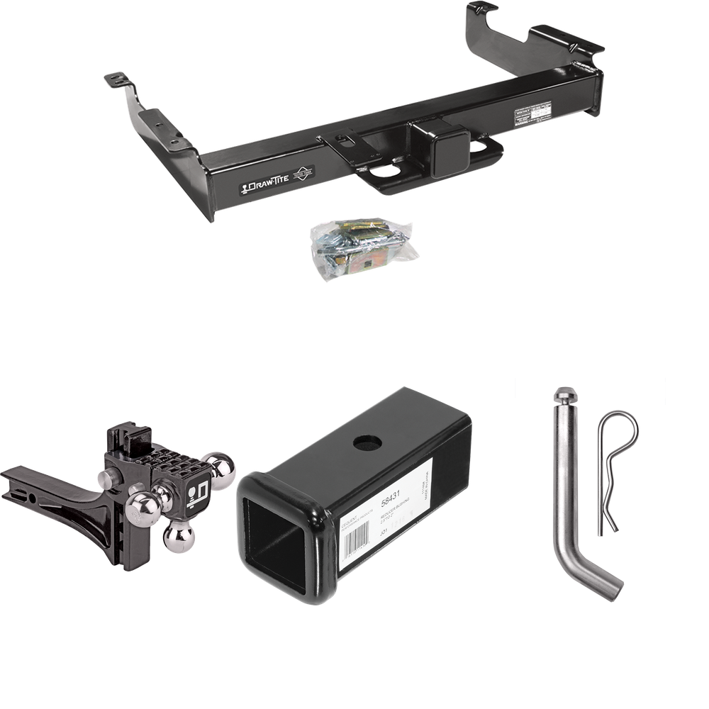 Fits 1996-2023 GMC Savana 3500 Trailer Hitch Tow PKG w/ 2-1/2" to 2" Adapter 7" Length + Adjustable Drop Rise Triple Ball Ball Mount 1-7/8" & 2" & 2-5/16" Trailer Balls + Pin/Clip By Draw-Tite