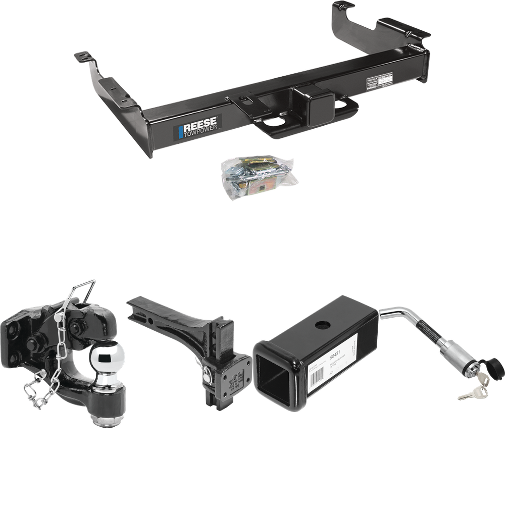 Fits 1996-2023 Chevrolet Express 3500 Trailer Hitch Tow PKG w/ 2-1/2" to 2" Adapter 7" Length + Adjustable Pintle Hook Mounting Plate + Pintle Hook & 2" Ball Combination + Hitch Lock By Reese Towpower