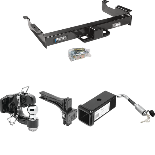 Fits 1996-2023 Chevrolet Express 3500 Trailer Hitch Tow PKG w/ 2-1/2" to 2" Adapter 7" Length + Adjustable Pintle Hook Mounting Plate + Pintle Hook & 2" Ball Combination + Hitch Lock By Reese Towpower