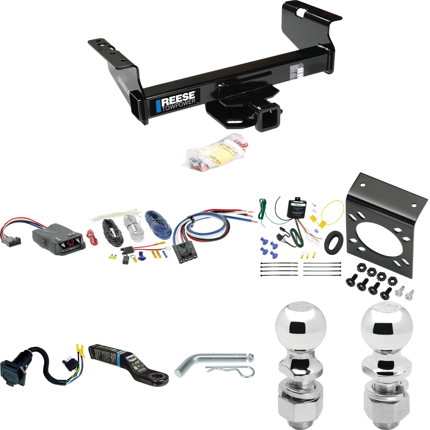 Fits 2007-2014 GMC Sierra 3500 HD Trailer Hitch Tow PKG w/ Tekonsha Brakeman IV Brake Control + Generic BC Wiring Adapter + 7-Way RV Wiring + 2" & 2-5/16" Ball & Drop Mount (For Cab & Chassis, w/34" Wide Frames Models) By Reese Towpower