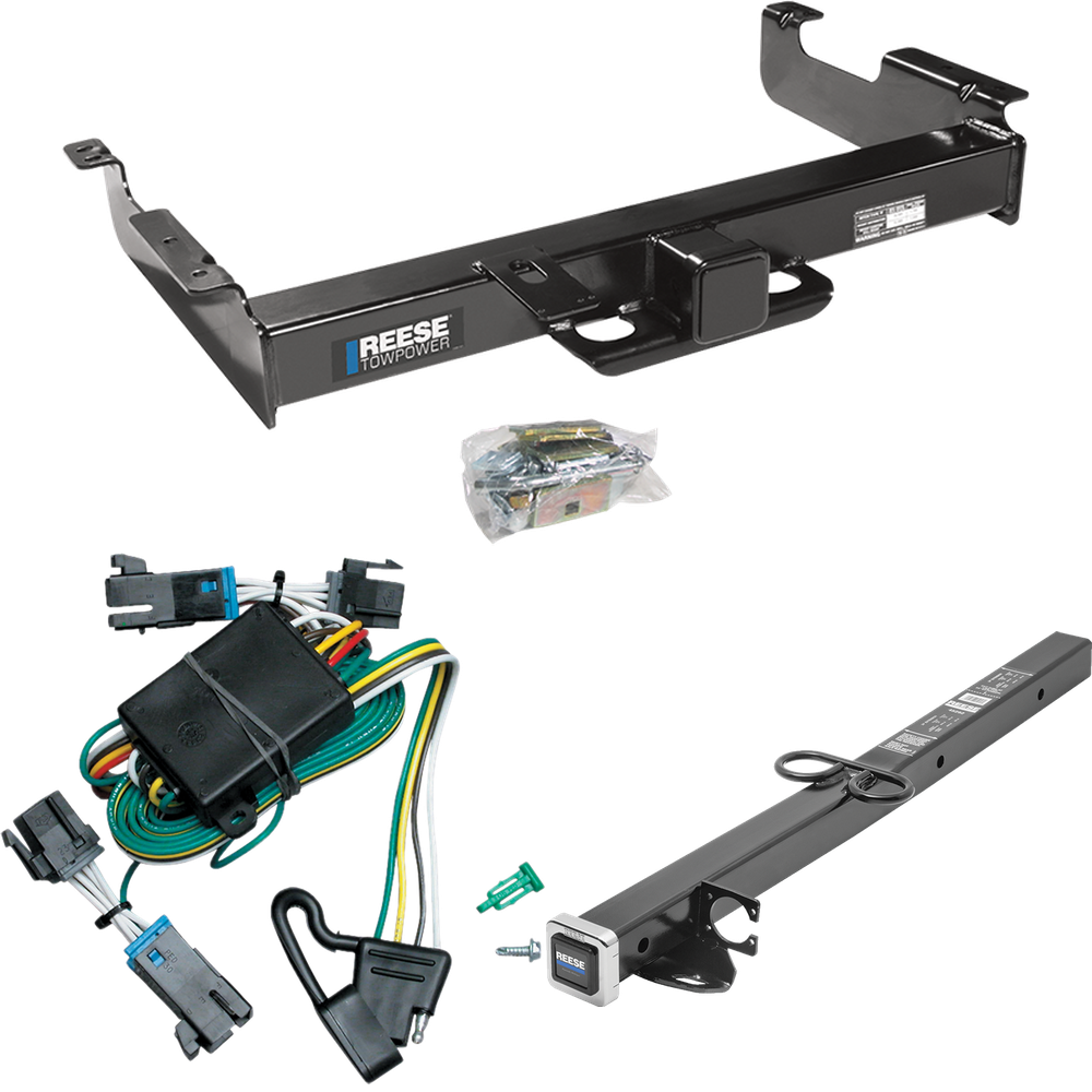 Fits 2000-2002 Chevrolet Express 2500 Trailer Hitch Tow PKG w/ 4-Flat Wiring Harness + 2-1/2" to 2" Adapter 24" Length By Reese Towpower