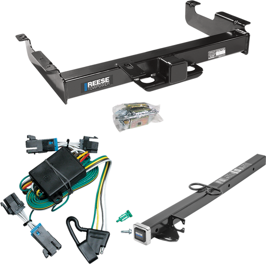 Fits 2000-2002 Chevrolet Express 2500 Trailer Hitch Tow PKG w/ 4-Flat Wiring Harness + 2-1/2" to 2" Adapter 24" Length By Reese Towpower