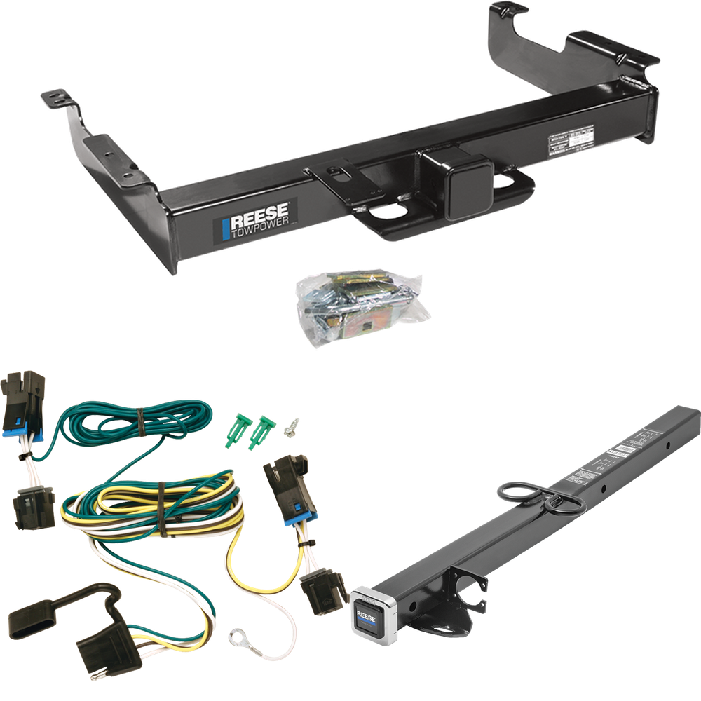 Fits 2003-2023 GMC Savana 3500 Trailer Hitch Tow PKG w/ 4-Flat Wiring Harness + 2-1/2" to 2" Adapter 24" Length By Reese Towpower