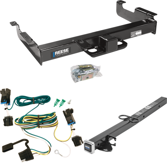 Fits 2003-2023 GMC Savana 3500 Trailer Hitch Tow PKG w/ 4-Flat Wiring Harness + 2-1/2" to 2" Adapter 24" Length By Reese Towpower