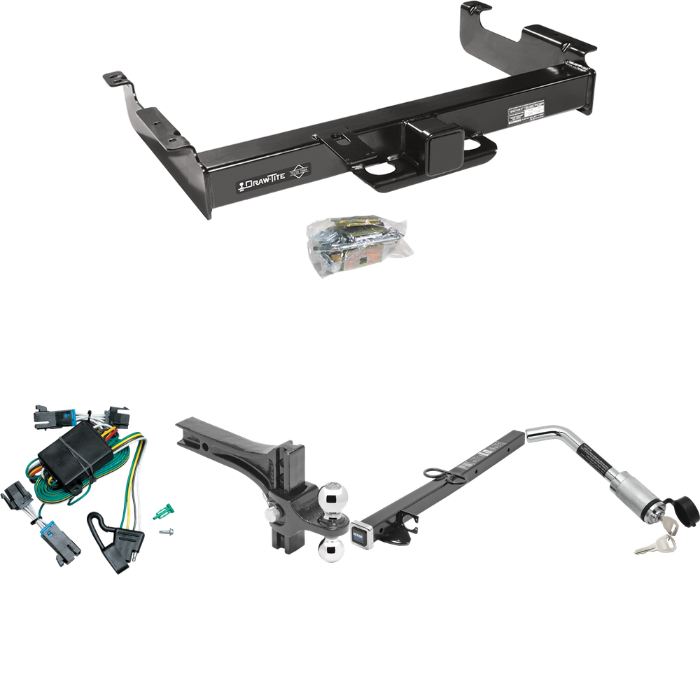 Fits 2000-2002 GMC Savana 2500 Trailer Hitch Tow PKG w/ 4-Flat Wiring Harness + 2-1/2" to 2" Adapter 24" Length + Adjustable Drop Rise Dual Ball Ball Mount 2" & 2-5/16" Trailer Balls + Hitch Lock By Draw-Tite