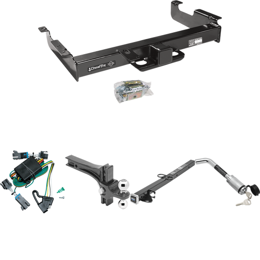 Fits 2000-2002 GMC Savana 2500 Trailer Hitch Tow PKG w/ 4-Flat Wiring Harness + 2-1/2" to 2" Adapter 24" Length + Adjustable Drop Rise Dual Ball Ball Mount 2" & 2-5/16" Trailer Balls + Hitch Lock By Draw-Tite