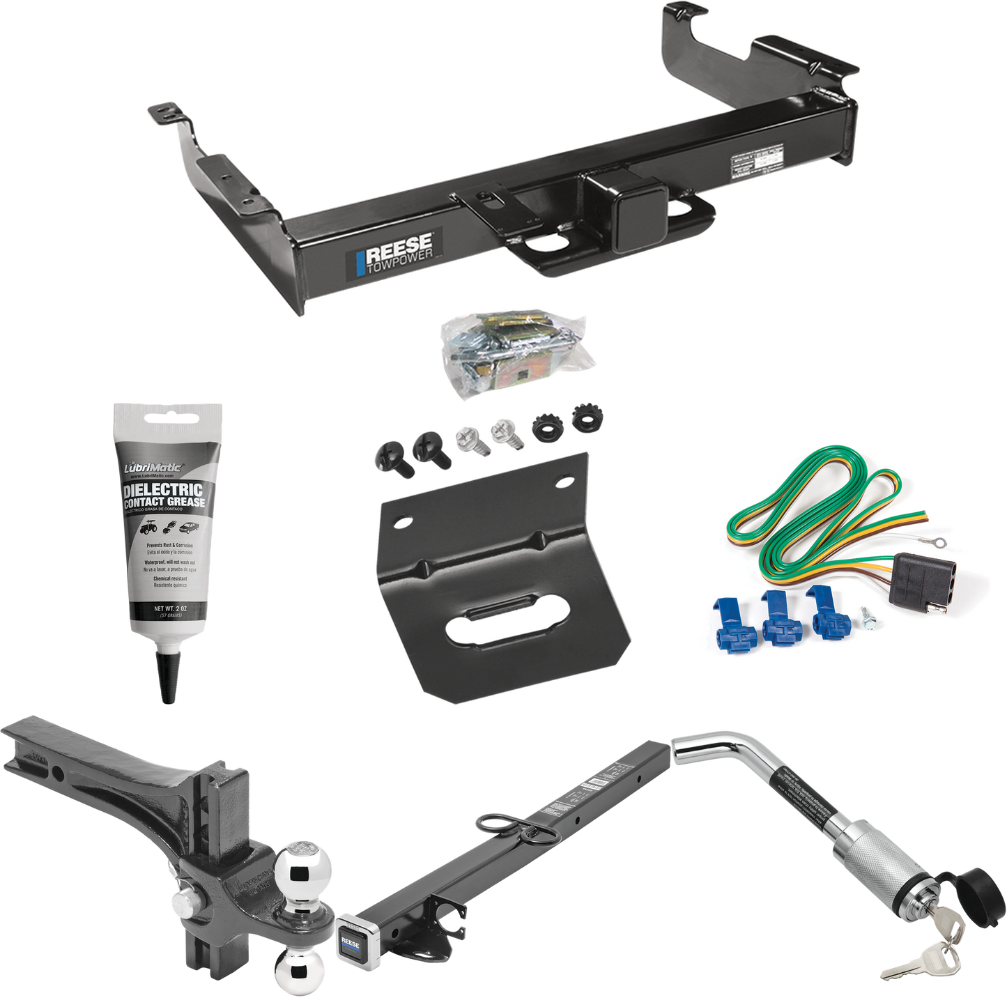 Fits 1996-1999 GMC Savana 2500 Trailer Hitch Tow PKG w/ 4-Flat Wiring Harness + 2-1/2" to 2" Adapter 24" Length + Adjustable Drop Rise Dual Ball Ball Mount 2" & 2-5/16" Trailer Balls + Hitch Lock + Wiring Bracket + Electric Grease By Reese Towpower