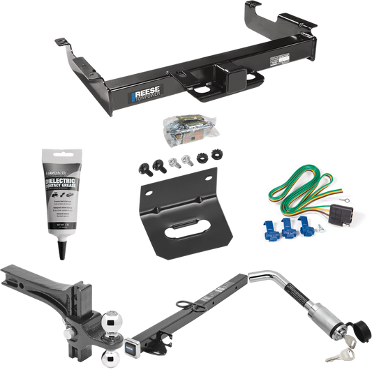 Fits 1996-1999 GMC Savana 2500 Trailer Hitch Tow PKG w/ 4-Flat Wiring Harness + 2-1/2" to 2" Adapter 24" Length + Adjustable Drop Rise Dual Ball Ball Mount 2" & 2-5/16" Trailer Balls + Hitch Lock + Wiring Bracket + Electric Grease By Reese Towpower