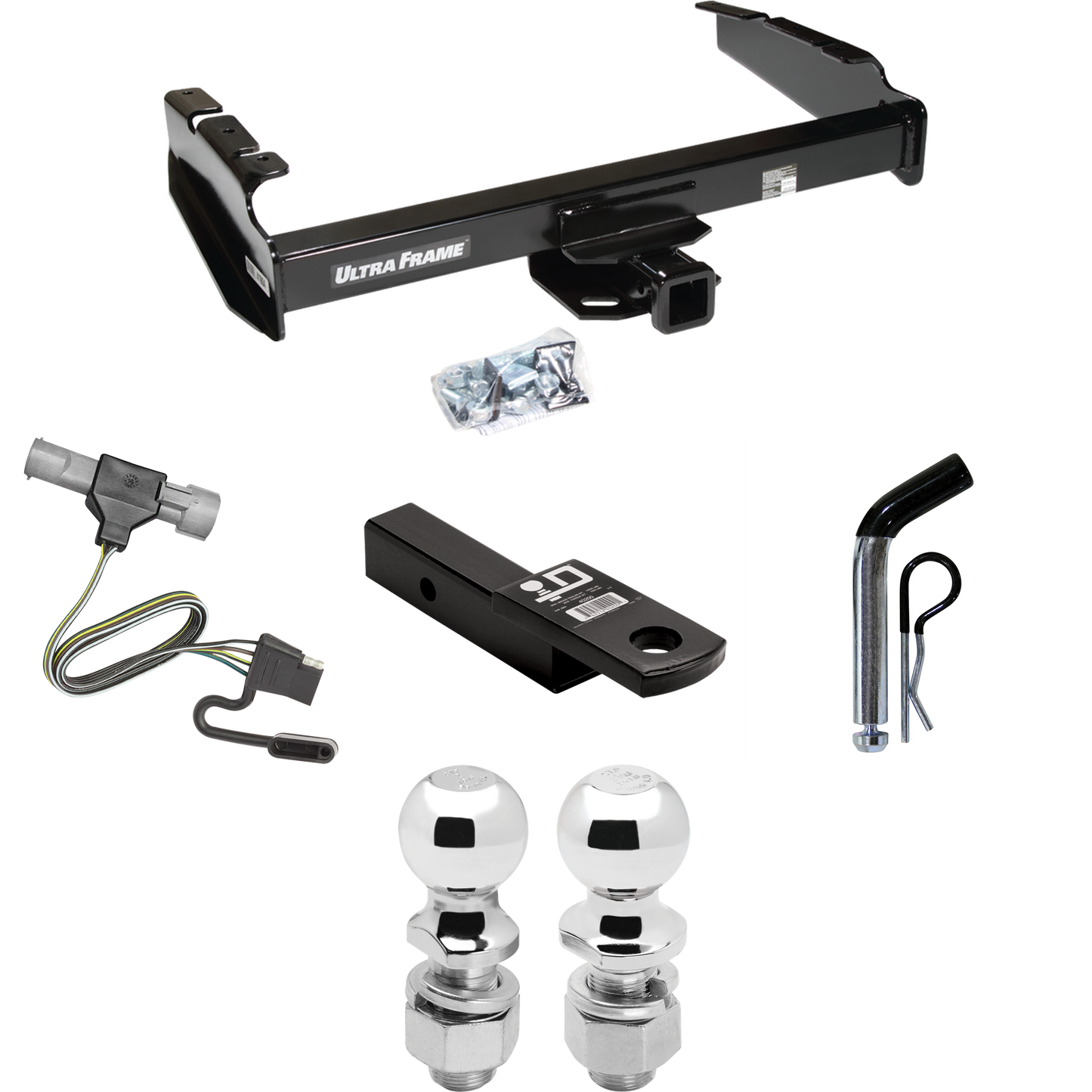 Fits 1987-1996 Ford F-350 Trailer Hitch Tow PKG w/ 4-Flat Wiring Harness + Ball Mount w/ 2" Drop + Pin/Clip + 2" Ball + 2-5/16" Ball By Draw-Tite