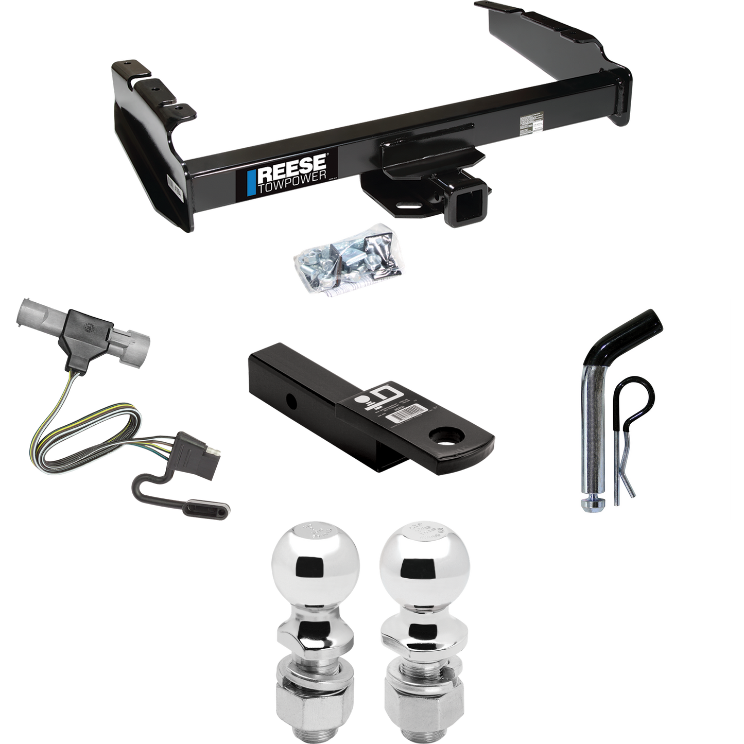 Fits 1987-1996 Ford F-250 Trailer Hitch Tow PKG w/ 4-Flat Wiring Harness + Ball Mount w/ 2" Drop + Pin/Clip + 2" Ball + 2-5/16" Ball By Reese Towpower