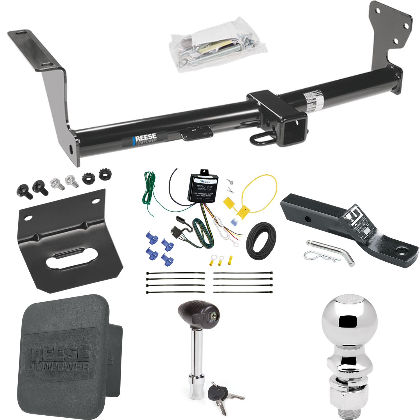 Fits 2008-2014 Land Rover LR2 Trailer Hitch Tow PKG w/ 4-Flat Wiring + Ball Mount w/ 2" Drop + 2-5/16" Ball + Wiring Bracket + Hitch Lock + Hitch Cover By Reese Towpower