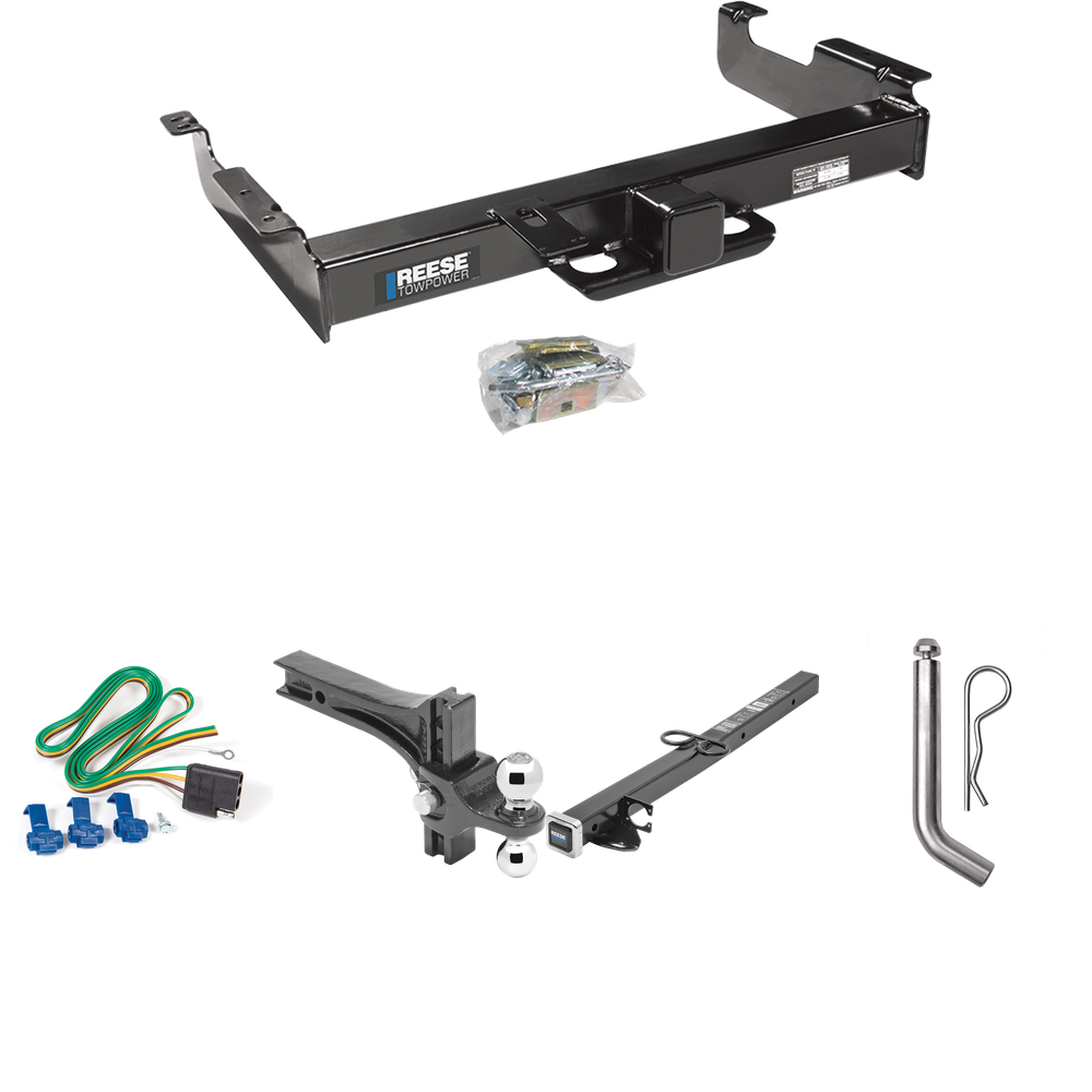 Fits 1996-1999 GMC Savana 3500 Trailer Hitch Tow PKG w/ 4-Flat Wiring Harness + 2-1/2" to 2" Adapter 24" Length + Adjustable Drop Rise Dual Ball Ball Mount 2" & 2-5/16" Trailer Balls + Pin/Clip By Reese Towpower