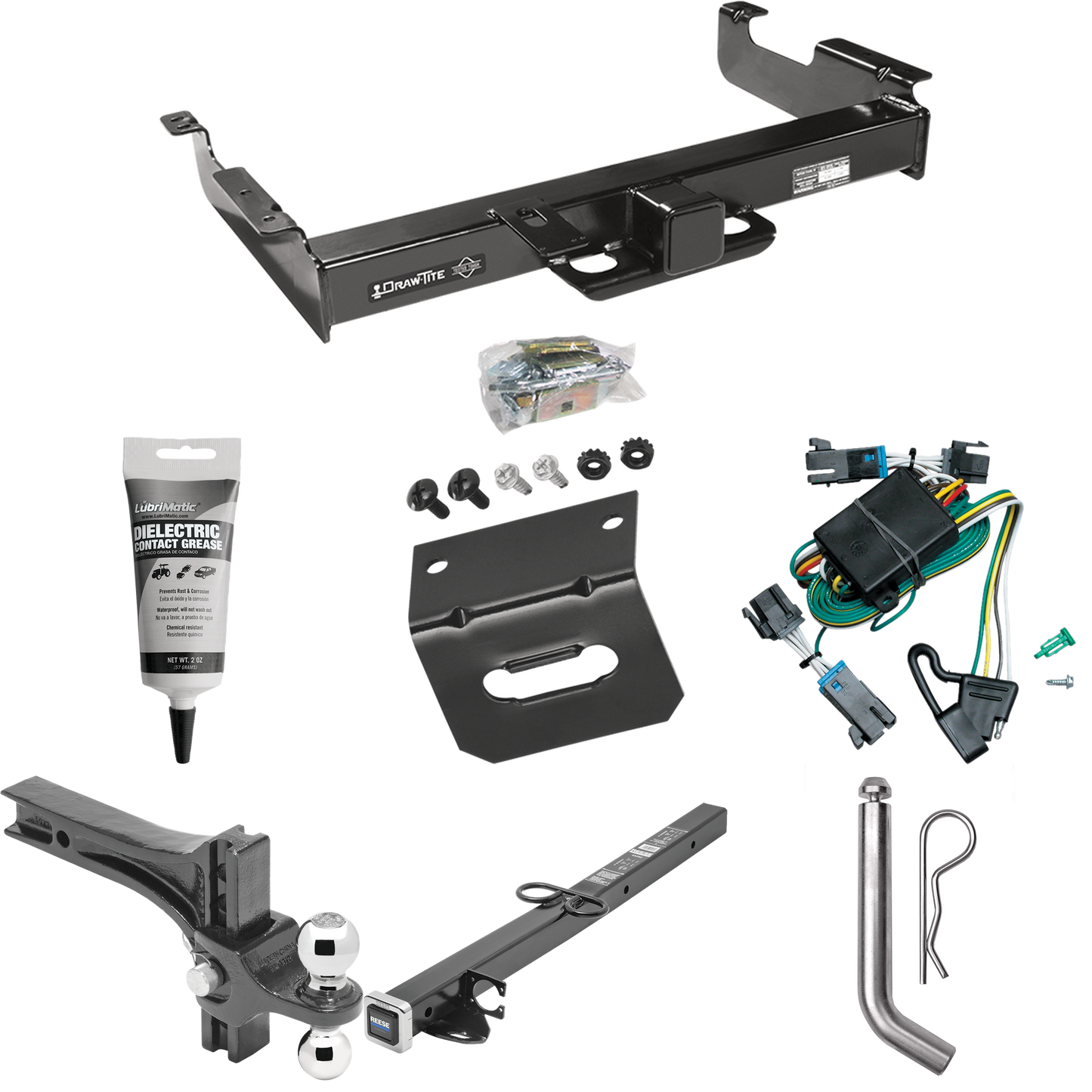 Fits 2000-2002 Chevrolet Express 2500 Trailer Hitch Tow PKG w/ 4-Flat Wiring Harness + 2-1/2" to 2" Adapter 24" Length + Adjustable Drop Rise Dual Ball Ball Mount 2" & 2-5/16" Trailer Balls + Pin/Clip + Wiring Bracket + Electric Grease By Draw-Tite