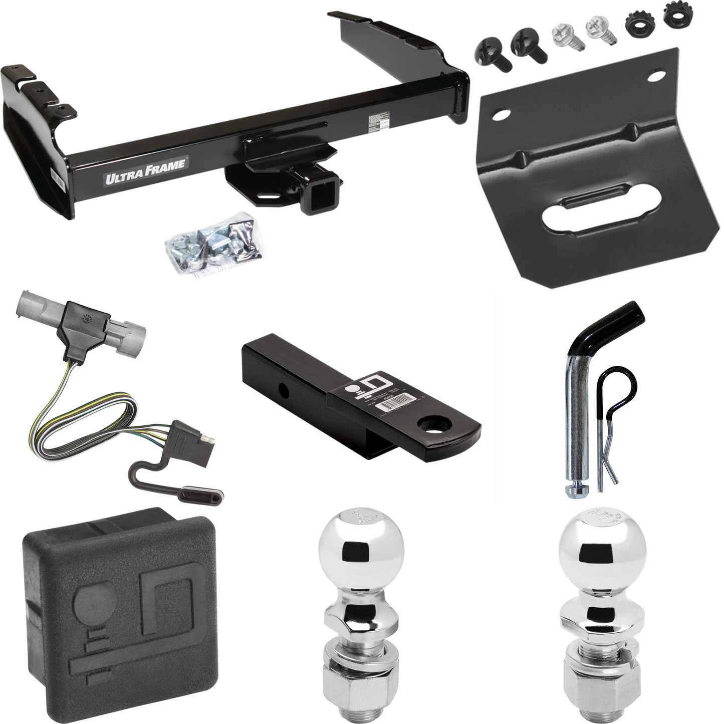 Fits 1997-1997 Ford F-250 HD Trailer Hitch Tow PKG w/ 4-Flat Wiring Harness + Ball Mount w/ 2" Drop + Pin/Clip + 2" Ball + 2-5/16" Ball + Hitch Cover + Wiring Bracket By Draw-Tite