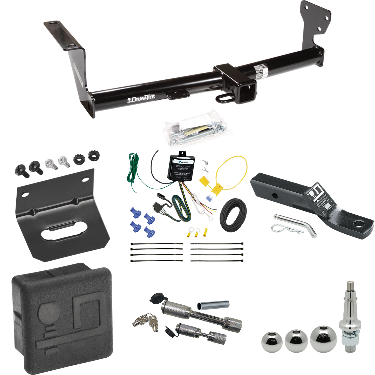 Fits 2008-2014 Land Rover LR2 Trailer Hitch Tow PKG w/ 4-Flat Wiring + Ball Mount w/ 2" Drop + Interchangeable Ball 1-7/8" & 2" & 2-5/16" + Wiring Bracket + Dual Hitch & Coupler Locks + Hitch Cover By Draw-Tite