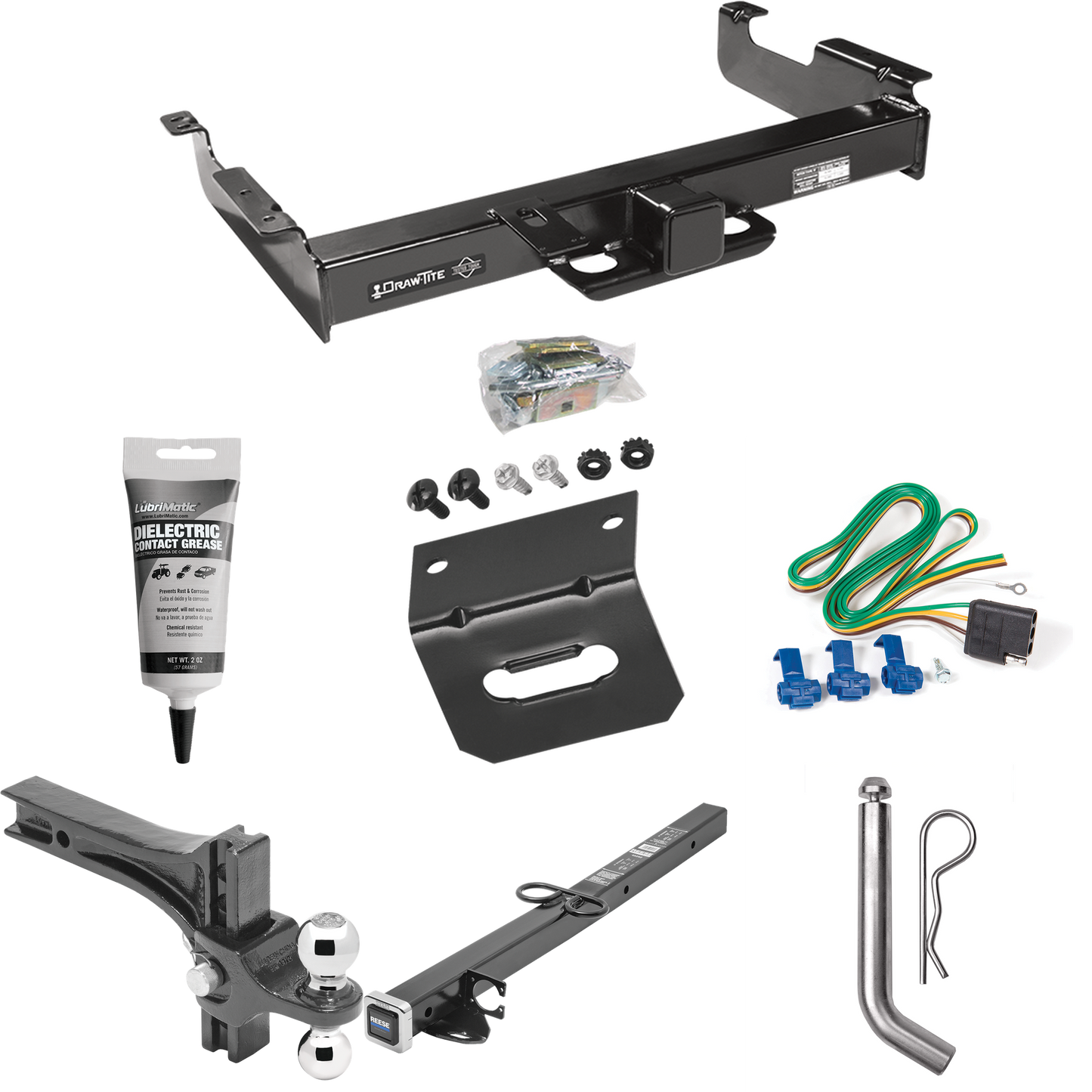 Fits 1996-1999 GMC Savana 3500 Trailer Hitch Tow PKG w/ 4-Flat Wiring Harness + 2-1/2" to 2" Adapter 24" Length + Adjustable Drop Rise Dual Ball Ball Mount 2" & 2-5/16" Trailer Balls + Pin/Clip + Wiring Bracket + Electric Grease By Draw-Tite