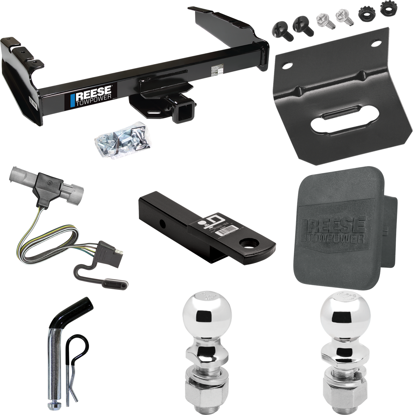 Se adapta al paquete de remolque con enganche para remolque Ford F-250 1987-1996 con arnés de cableado de 4 planos + soporte de bola con caída de 2" + pasador/clip + bola de 2" + bola de 2-5/16" + cubierta de enganche + soporte de cableado Reese Towpower