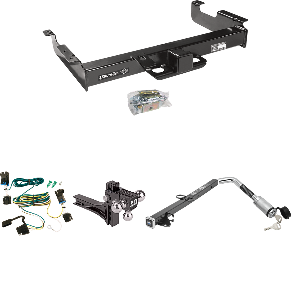 Fits 2003-2023 Chevrolet Express 2500 Trailer Hitch Tow PKG w/ 4-Flat Wiring Harness + 2-1/2" to 2" Adapter 24" Length + Adjustable Drop Rise Triple Ball Ball Mount 1-7/8" & 2" & 2-5/16" Trailer Balls + Hitch Lock By Draw-Tite