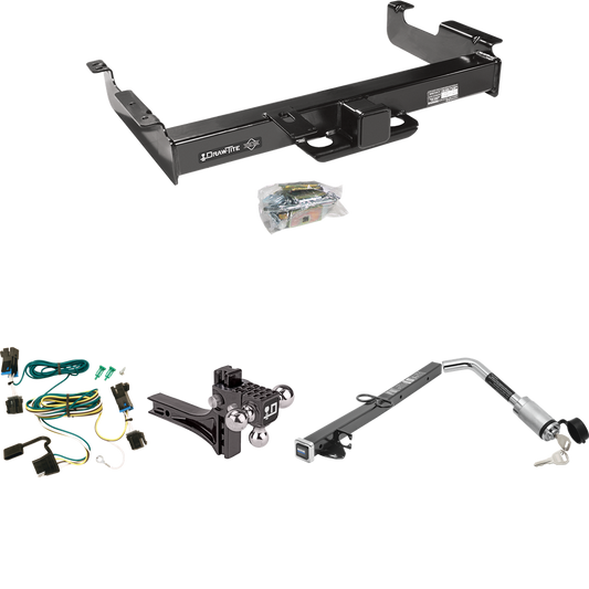 Fits 2003-2023 Chevrolet Express 2500 Trailer Hitch Tow PKG w/ 4-Flat Wiring Harness + 2-1/2" to 2" Adapter 24" Length + Adjustable Drop Rise Triple Ball Ball Mount 1-7/8" & 2" & 2-5/16" Trailer Balls + Hitch Lock By Draw-Tite