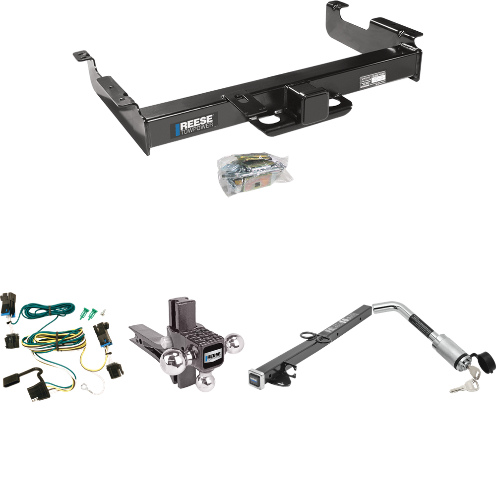 Fits 2003-2023 Chevrolet Express 2500 Trailer Hitch Tow PKG w/ 4-Flat Wiring Harness + 2-1/2" to 2" Adapter 24" Length + Adjustable Drop Rise Triple Ball Ball Mount 1-7/8" & 2" & 2-5/16" Trailer Balls + Hitch Lock By Reese Towpower