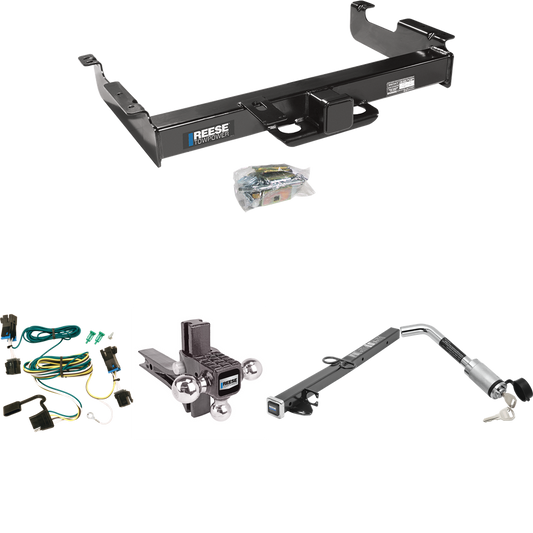 Fits 2003-2023 Chevrolet Express 2500 Trailer Hitch Tow PKG w/ 4-Flat Wiring Harness + 2-1/2" to 2" Adapter 24" Length + Adjustable Drop Rise Triple Ball Ball Mount 1-7/8" & 2" & 2-5/16" Trailer Balls + Hitch Lock By Reese Towpower