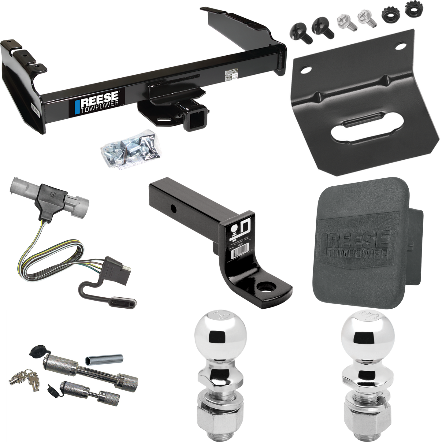 Fits 1987-1996 Ford F-350 Trailer Hitch Tow PKG w/ 4-Flat Wiring Harness + Ball Mount w/ 4" Drop + Dual Hitch & Coupler Locks + 2" Ball + 2-5/16" Ball + Hitch Cover + Wiring Bracket By Reese Towpower