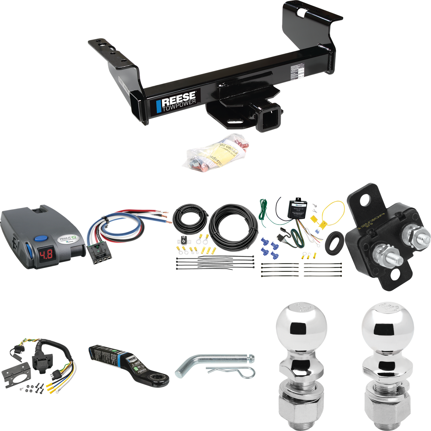 Fits 2007-2014 Chevrolet Silverado 3500 HD Trailer Hitch Tow PKG w/ Tekonsha Primus IQ Brake Control + Generic BC Wiring Adapter + 7-Way RV Wiring + 2" & 2-5/16" Ball & Drop Mount (For Cab & Chassis, w/34" Wide Frames Models) By Reese Towpower