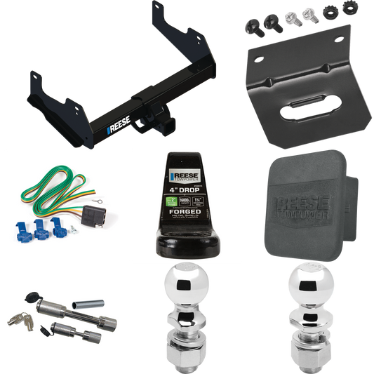 Fits 2015-2023 Ford F-150 Trailer Hitch Tow PKG w/ 4-Flat Wiring Harness + Ball Mount w/ 4" Drop + Dual Hitch & Coupler Locks + 2" Ball + 2-5/16" Ball + Hitch Cover + Wiring Bracket By Reese Towpower