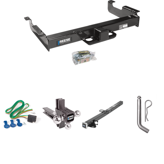 Fits 1996-1999 GMC Savana 3500 Trailer Hitch Tow PKG w/ 4-Flat Wiring Harness + 2-1/2" to 2" Adapter 24" Length + Adjustable Drop Rise Triple Ball Ball Mount 1-7/8" & 2" & 2-5/16" Trailer Balls + Pin/Clip By Reese Towpower