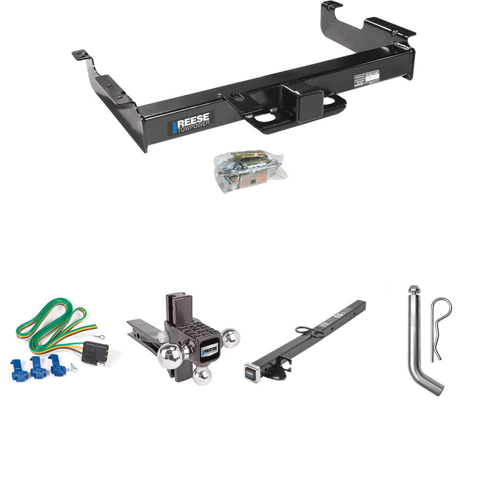 Fits 1996-1999 GMC Savana 3500 Trailer Hitch Tow PKG w/ 4-Flat Wiring Harness + 2-1/2" to 2" Adapter 24" Length + Adjustable Drop Rise Triple Ball Ball Mount 1-7/8" & 2" & 2-5/16" Trailer Balls + Pin/Clip By Reese Towpower