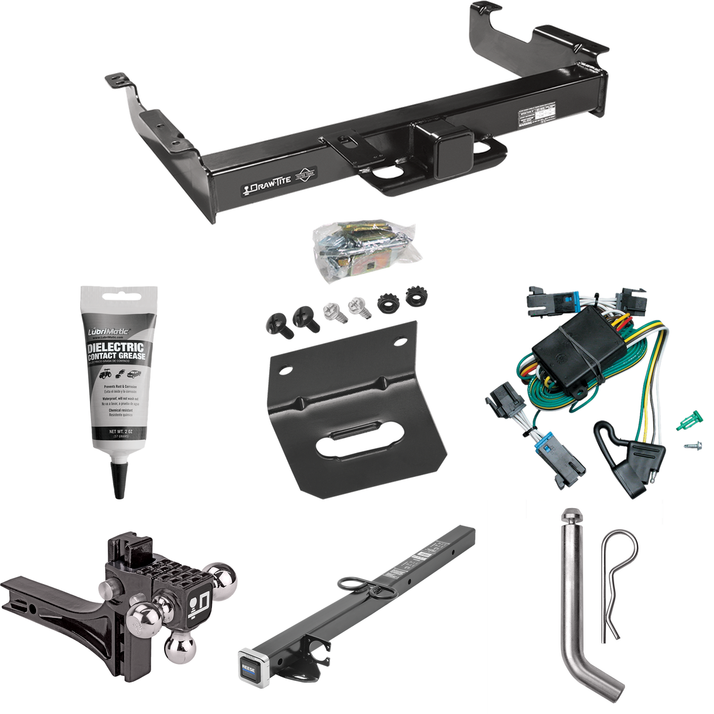 Fits 2000-2002 Chevrolet Express 2500 Trailer Hitch Tow PKG w/ 4-Flat Wiring Harness + 2-1/2" to 2" Adapter 24" Length + Adjustable Drop Rise Triple Ball Ball Mount 1-7/8" & 2" & 2-5/16" Trailer Balls + Pin/Clip + Wiring Bracket + Electric Grease By