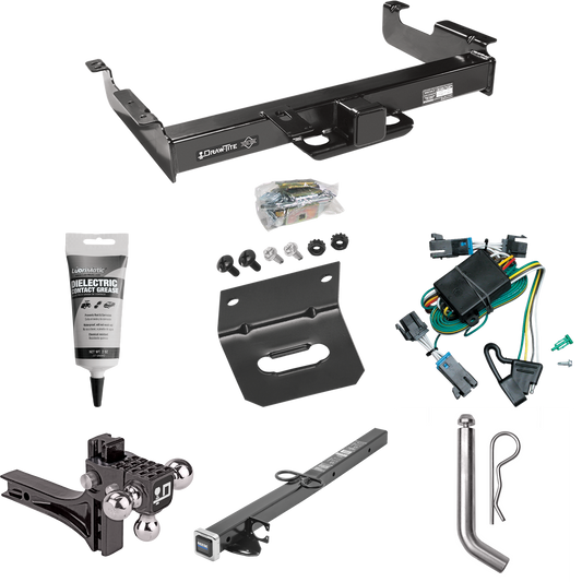 Fits 2000-2002 Chevrolet Express 2500 Trailer Hitch Tow PKG w/ 4-Flat Wiring Harness + 2-1/2" to 2" Adapter 24" Length + Adjustable Drop Rise Triple Ball Ball Mount 1-7/8" & 2" & 2-5/16" Trailer Balls + Pin/Clip + Wiring Bracket + Electric Grease By