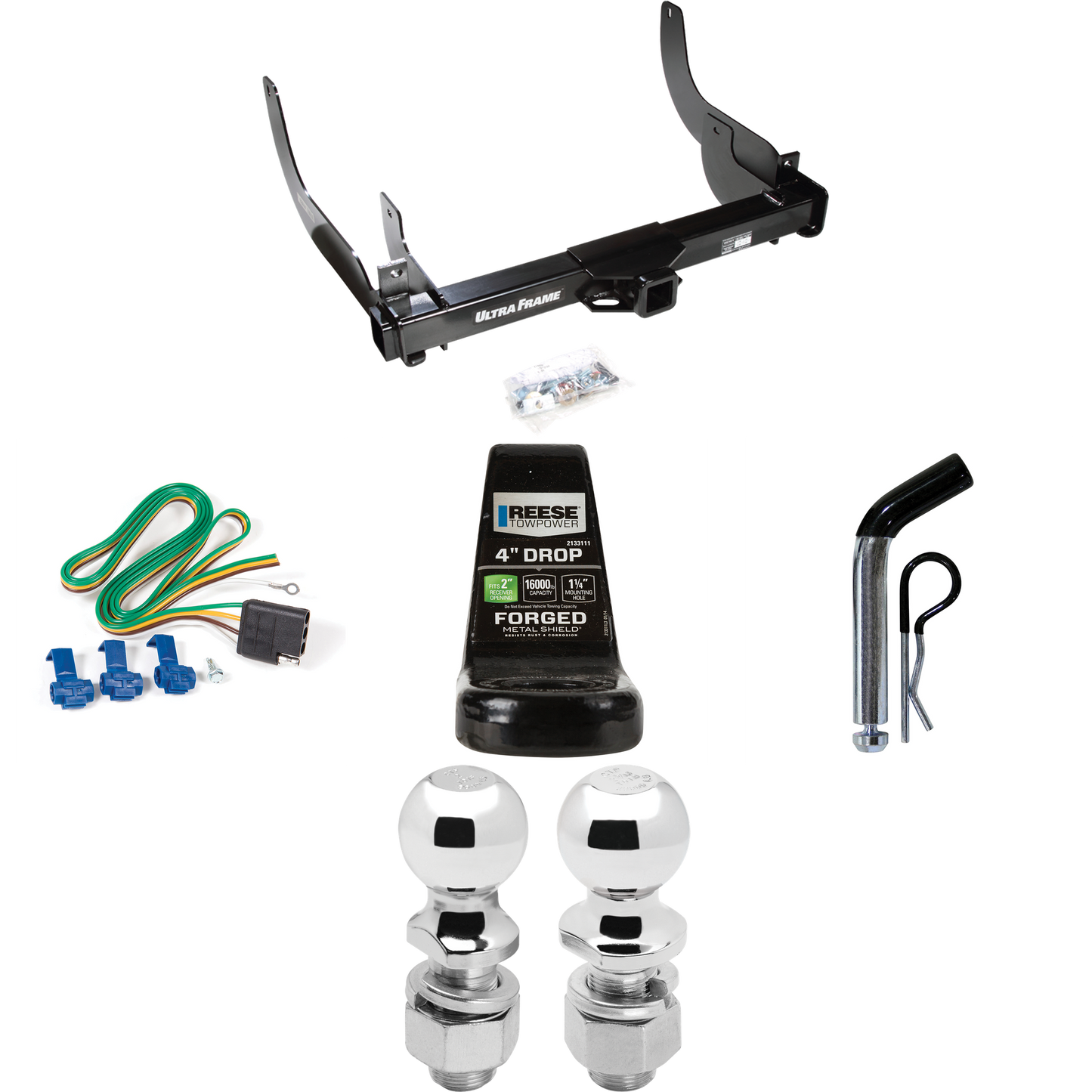 Fits 2006-2008 Ford F-150 Trailer Hitch Tow PKG w/ 4-Flat Wiring Harness + Ball Mount w/ 4" Drop + Pin/Clip + 2" Ball + 2-5/16" Ball By Draw-Tite