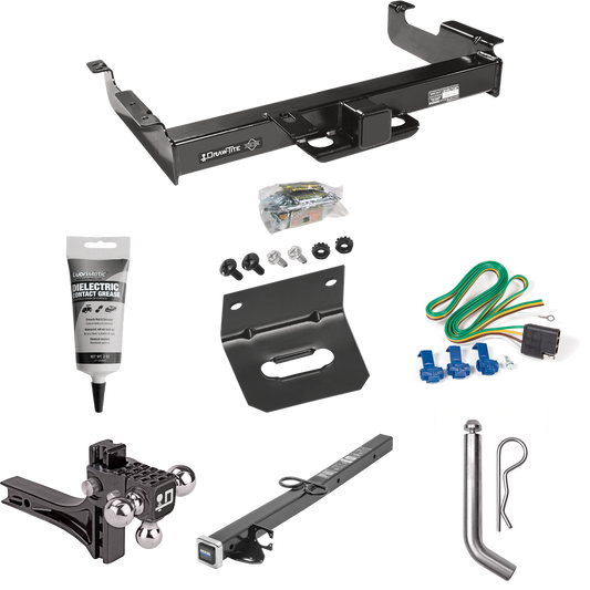 Fits 1996-1999 Chevrolet Express 2500 Trailer Hitch Tow PKG w/ 4-Flat Wiring Harness + 2-1/2" to 2" Adapter 24" Length + Adjustable Drop Rise Triple Ball Ball Mount 1-7/8" & 2" & 2-5/16" Trailer Balls + Pin/Clip + Wiring Bracket + Electric Grease By